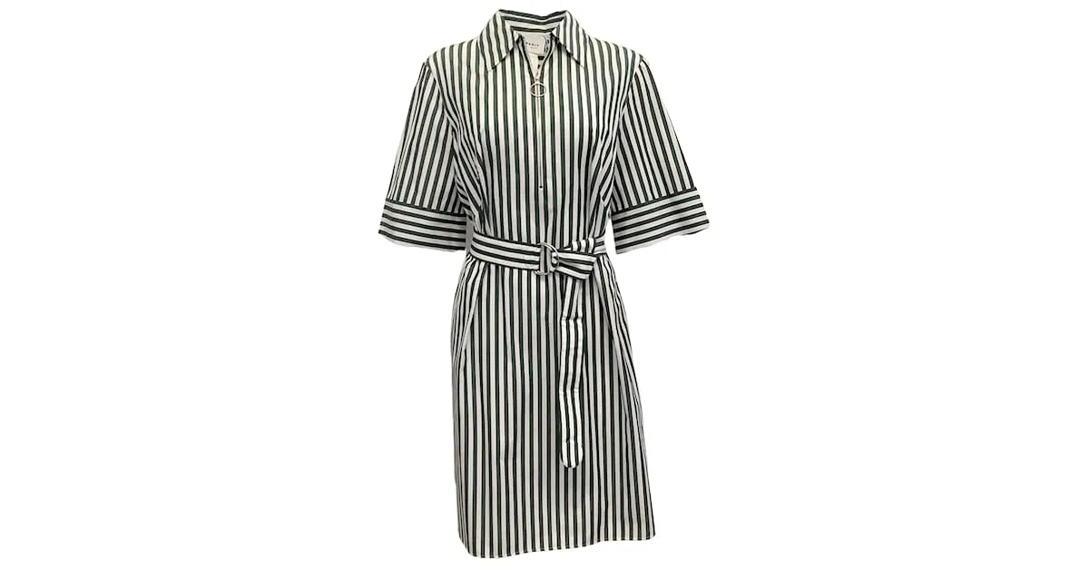 Akris Punto Verde / Vestido camisero a rayas blanco con cinturón 