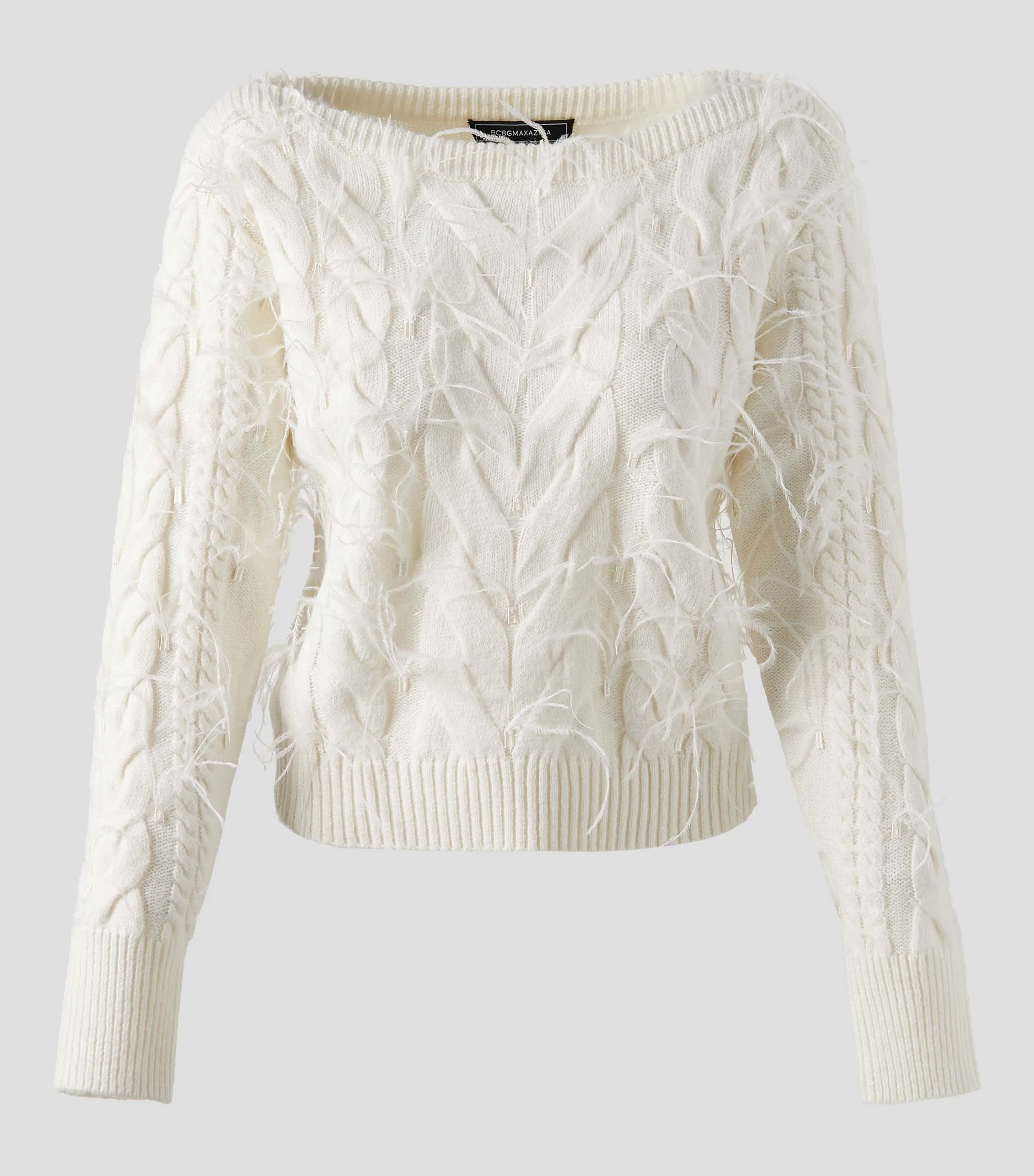 BCBGMAXAZRIA Suéter cuello barco con plumas Mujer