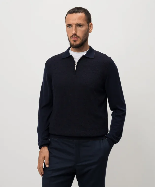 Stefano Ricci Blue wool, silk and cashmere polo with monogram pattern